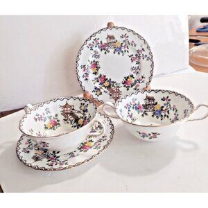 Aynsley England  Pagoda Pattern by John Aynsley Double HANDLE Soup Sets (2)